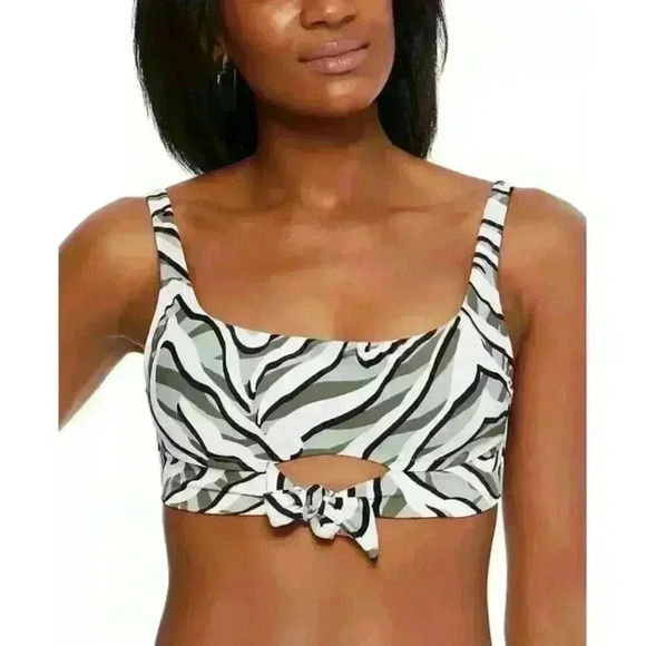 Bar III NWT Summer Sage Green Hypno Beach Cutout Self Tie Bikini Top Size S - Picture 1 of 9